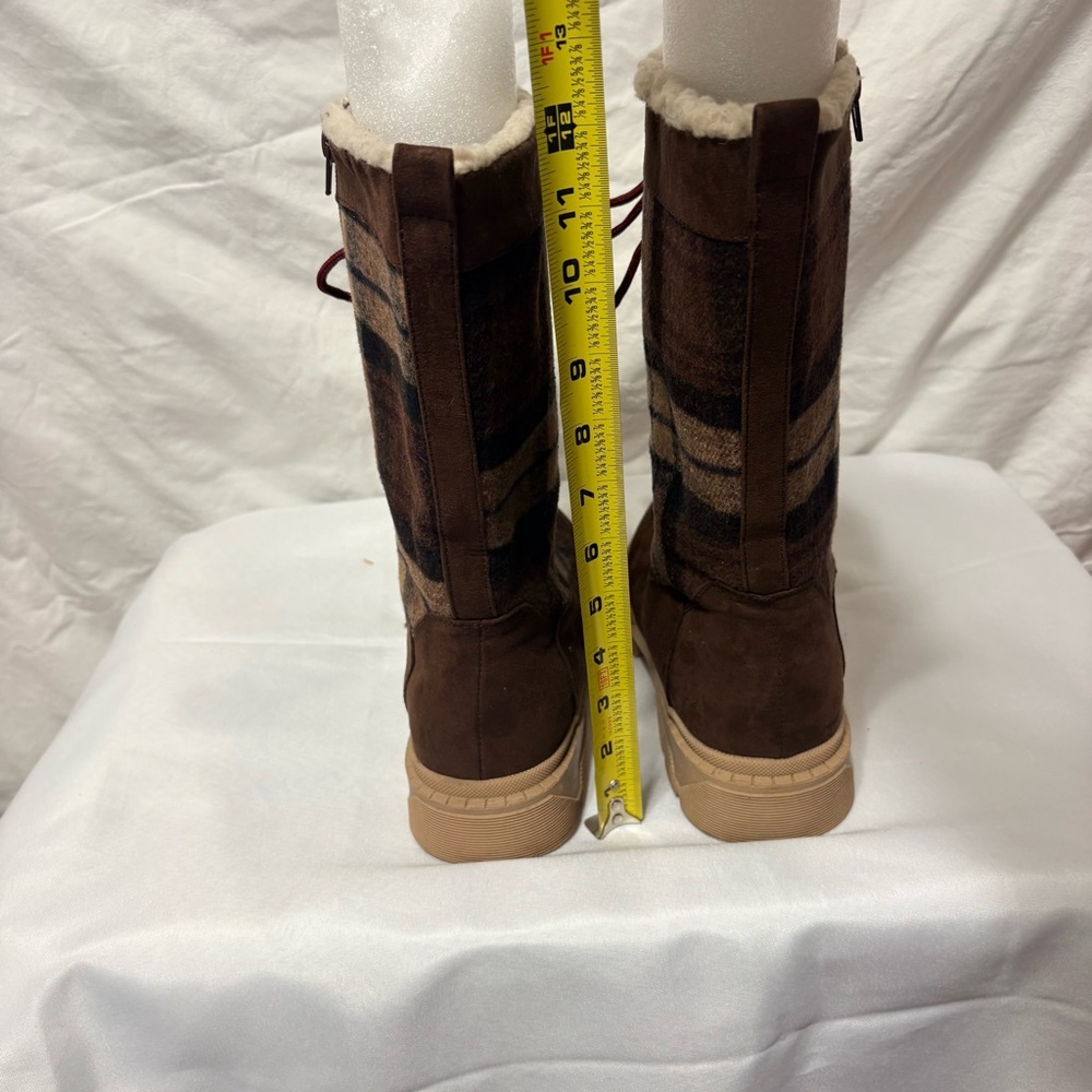 Hayleigh Lace-Up Winter Boots in a brown plaid pattern. - Picture 6 of 13
